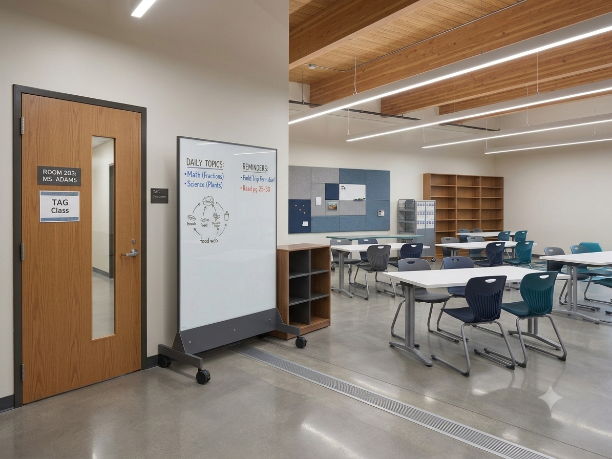 TAG Mobile bulletproof whiteboard positioned near a classroom entrance to provide everyday functionality and accessible ballistic protection