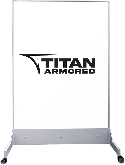TAG Mobile UL 752 level 8 bulletproof mobile whiteboard with Titan Armored logo displayed on the dry-erase glass surface, demonstrating custom branding capabilities and its use as a classroom-ready mobile ballistic shield for school safety.