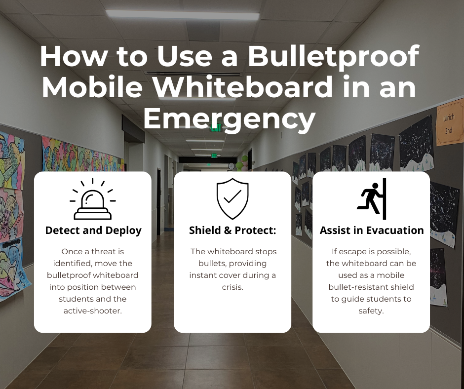 Infographic explaining how a bulletproof mobile whiteboard can assist during emergency evacuation and protection situations