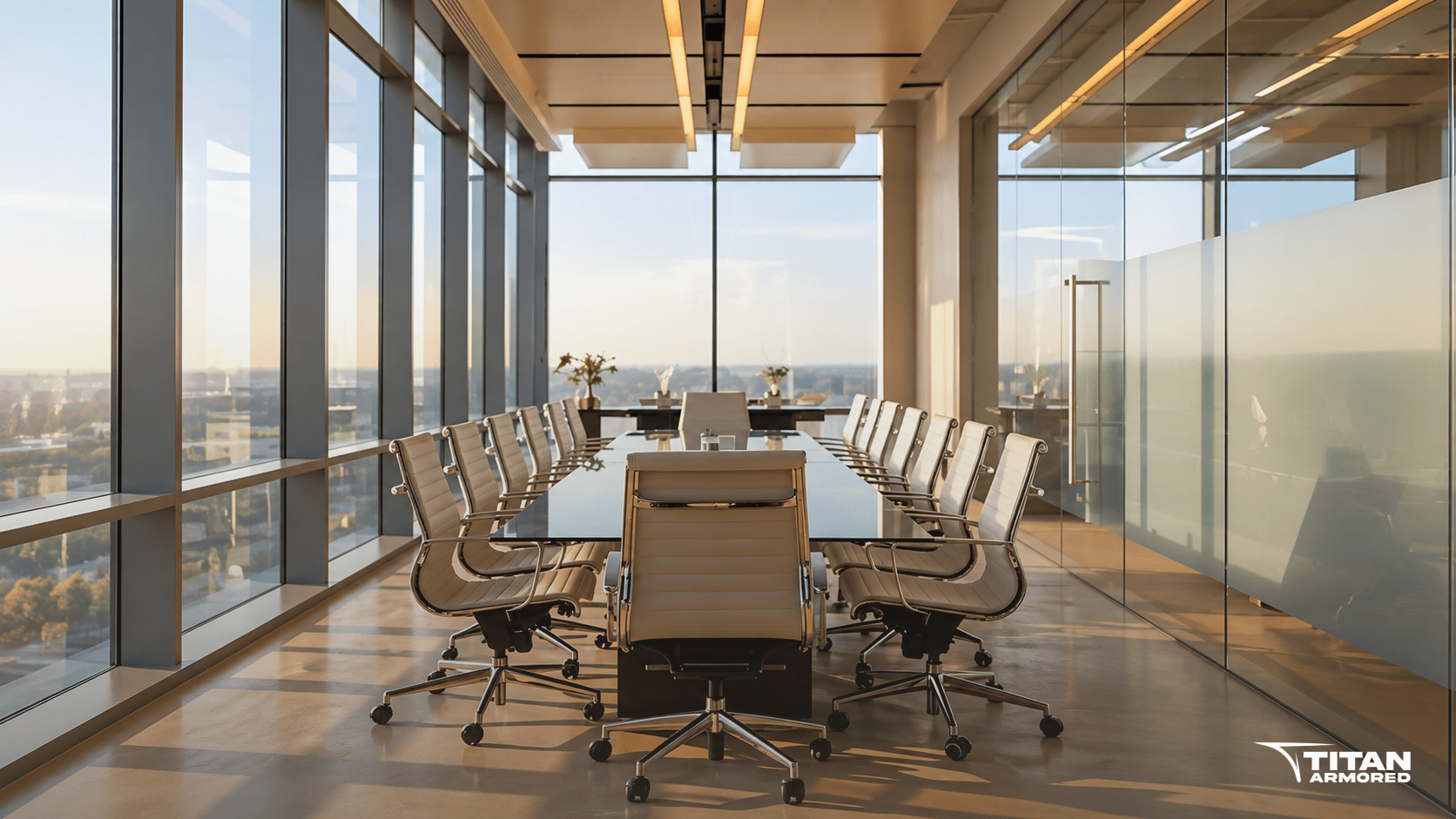 Modern corporate conference room with glass walls, natural light and collaborative office space.