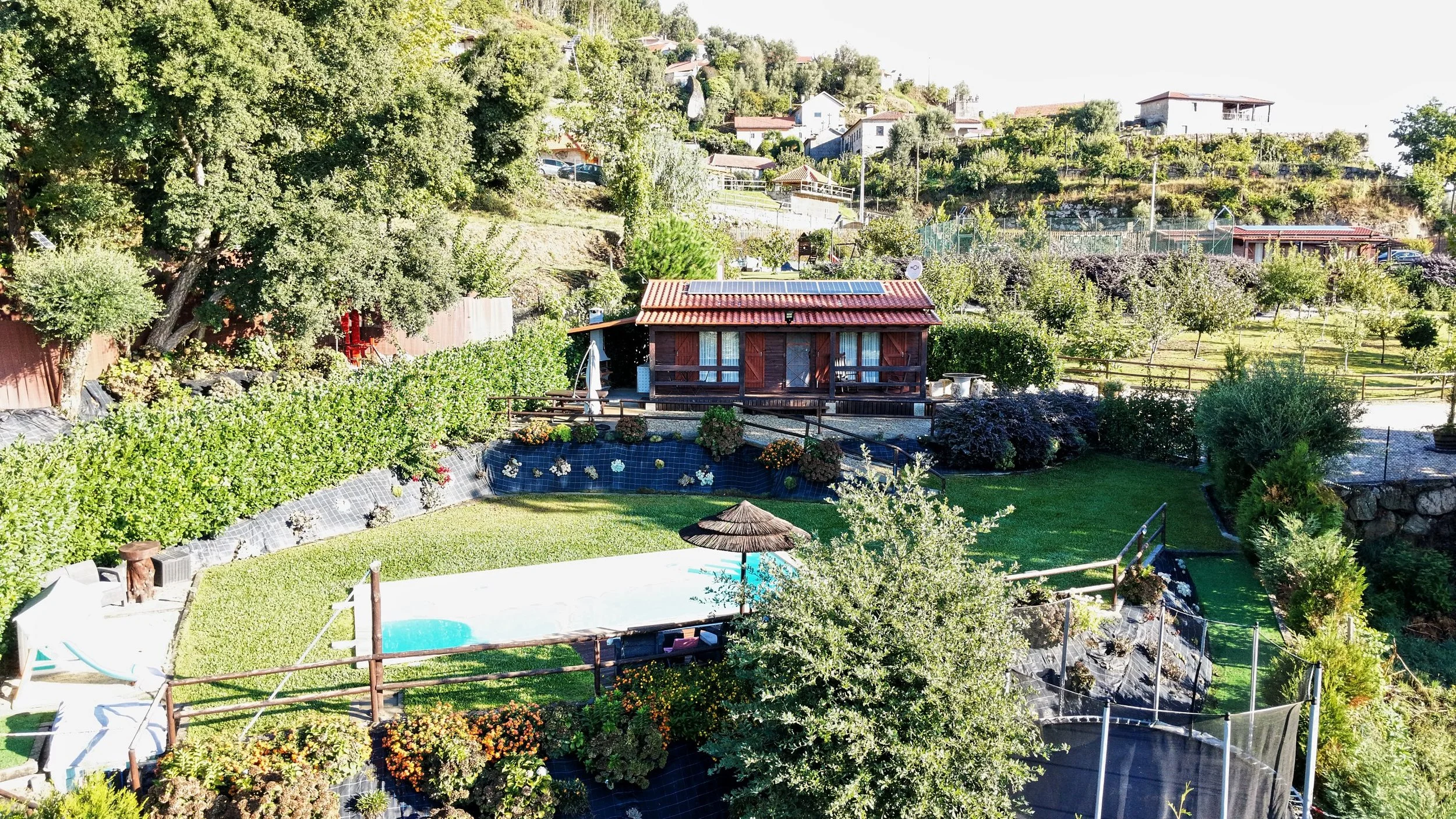 Outdoor backyard with a swimming pool, lounge chairs, green grass, trees, and a house in the background.