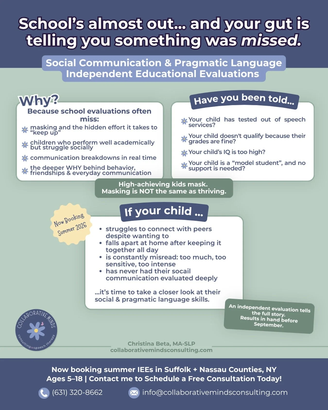 Long Island families: summer IEE spots are open.

School&rsquo;s almost out &mdash; and if you&rsquo;ve spent this year feeling like something was missed in your child&rsquo;s evaluation, you&rsquo;re not alone. And you&rsquo;re probably not wrong.

