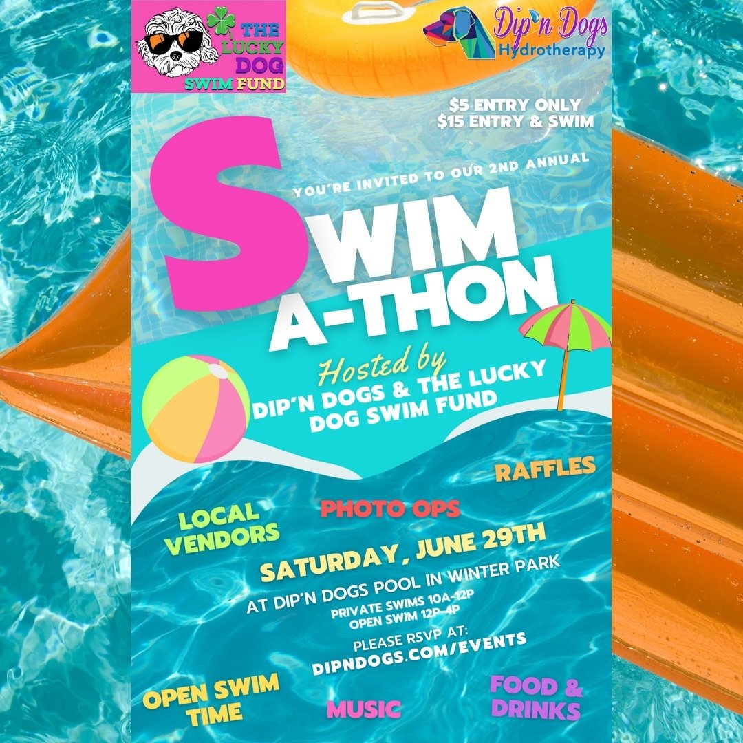 The countdown has begun🎉👙🐶☀️

We would love anyone planning to come to our SWIM-A-THON to please RSVP! Also, if you would like your dog to swim in one of our private sessions we have only 3 slots left! Go to DIPNDOGS.com/events to RSVP &amp; book?