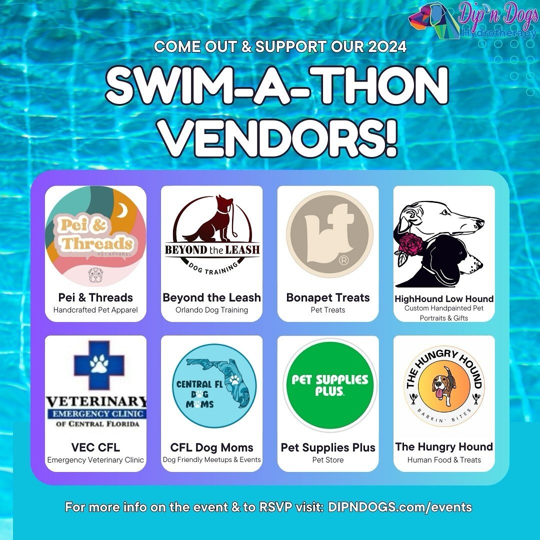 Join us in making a splash for a cause! We are SOO stoked to announce our roster of local vendors, including a variety of dog businesses, for our 2nd annual Swim-A-Thon donation event!🐠🐶🏝️☀️💦🛍️

Come out, show your support, and enjoy a day fille