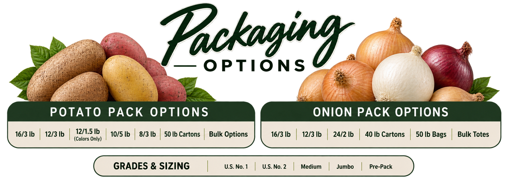Packaging options for potatoes and onions, listing different weights and bulk options with images of potatoes on the left and onions on the right.