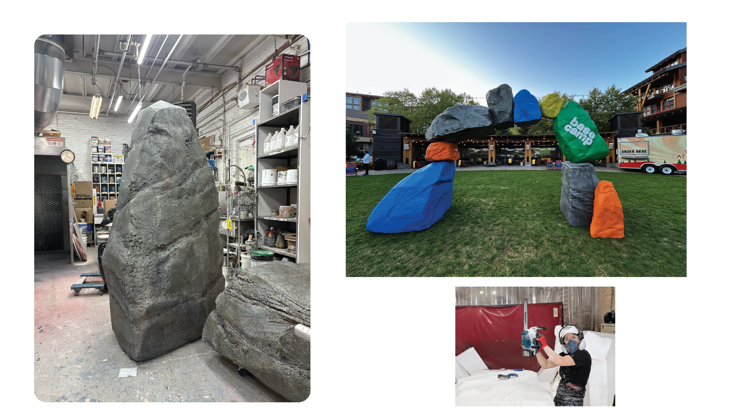 Coinbase Retreat: Carved and sculpted rocks constructed out of foam, primed, painted, textured with multiple water based glazes.