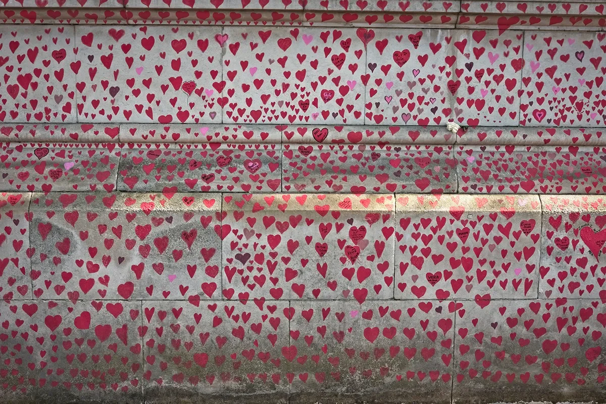 Thousands of hand-painted hearts on the National Covid Memorial Wall