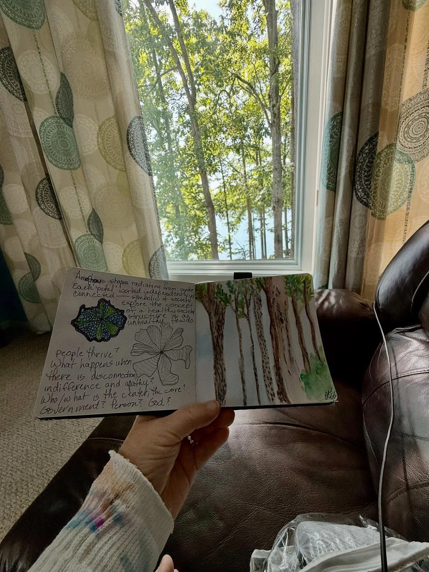 My view and daily art practice. The page on the left inspired a new way to create my organic freeform lace. Now it is time for a hook and thread.