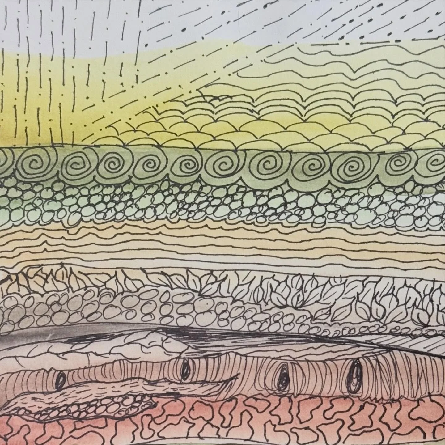 I enjoy painting then doing various doodles over the paint. Generally I work with circles and spirals. This paint was completely linear thus the doodles followed those lines.