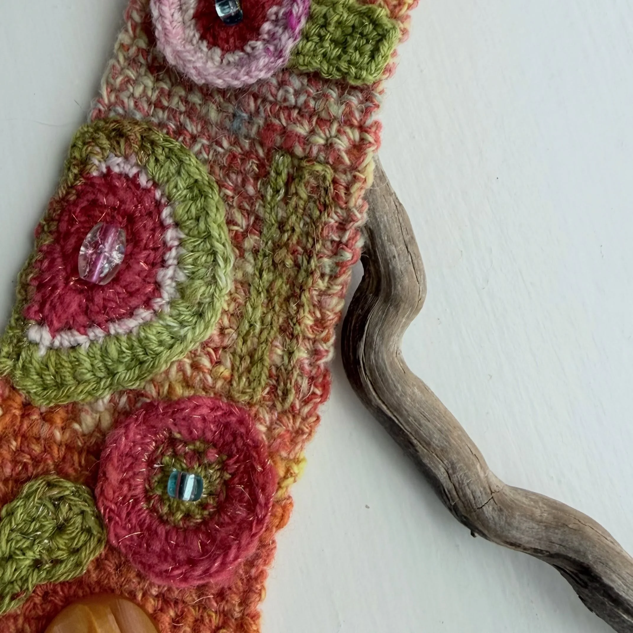 This is an up close view of what I did with my tiny scraps of hand spun. I just can&rsquo;t bear to part with them&hellip;so I get creative. Crochet is the perfect medium for making use of these precious leftovers.