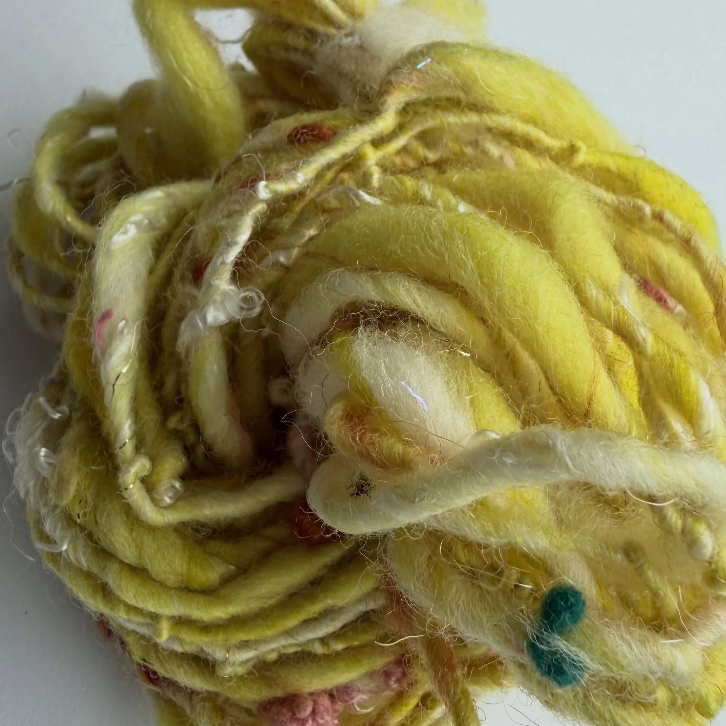 This is a thick and thin spindle spun yarn. I didn&rsquo;t set the twist, so now I&rsquo;m rethinking what I want It to be. 🤔
