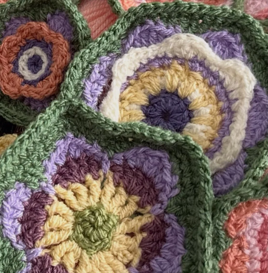 I am nearly finished with the flower portion of my freestyle flower garden blanket for my great granddaughter. I&rsquo;m finding great satisfaction in working slowly, and with intention.