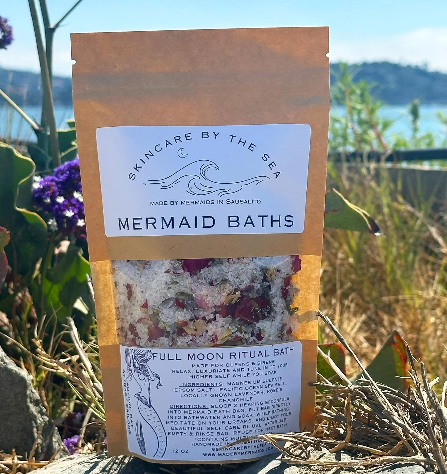 Have you tried our Mermaid Baths?

Full Moon Ritual Bath is a delightful soaking bath made for queens and sirens with a blend of Epsom Salt, Pacific Ocean Sea Salt, and handpicked and grown in Sausalito Rose, Lavender and Chamomile Flowers. Luxuriate