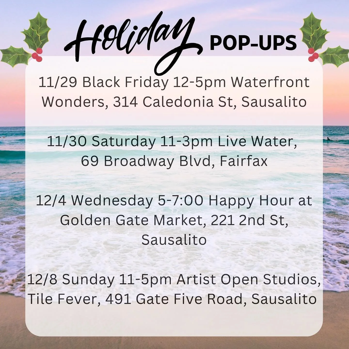 Skincare by the Sea will be popping up in some of our favorite places around Marin County for the next 2 weeks! Come by and shop local this holiday!

#holidaypopup #sausalito #fairfax #holidaydeals #skincarebythesea #waterfrontwonders #tilefever #liv