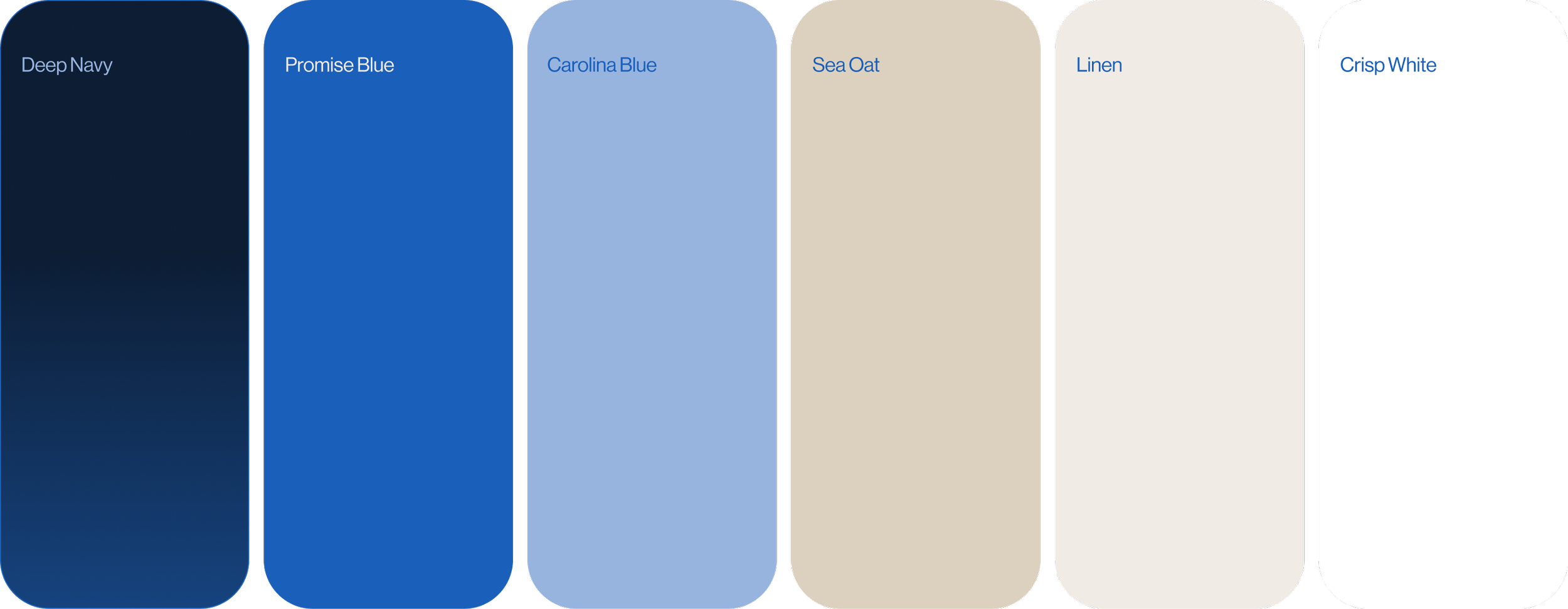 Color palette for the Heaton Smith brand identity featuring Deep Navy, Promise Blue, Carolina Blue, Sea Oat, Linen and Crisp White.