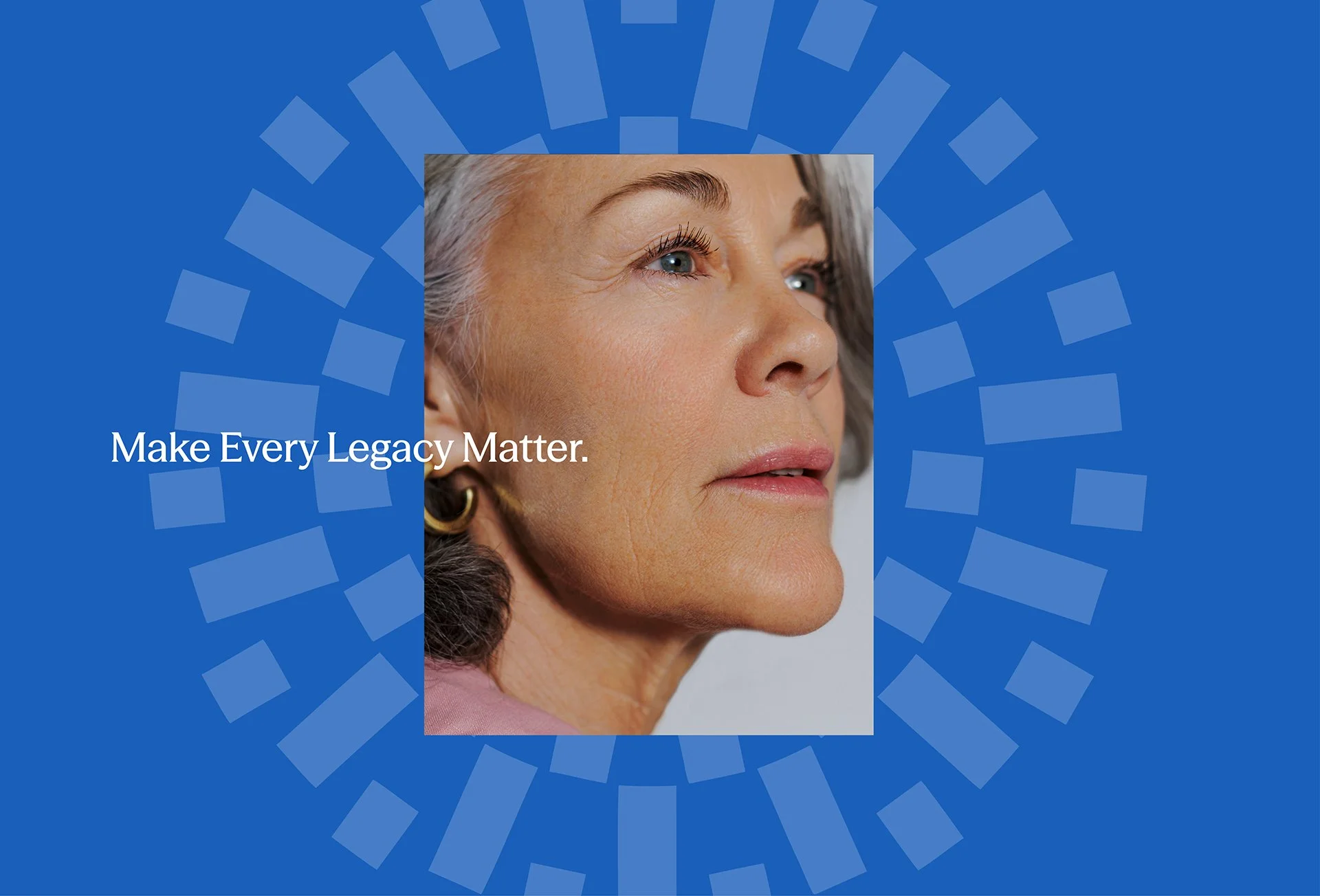 Portrait of an older woman with the phrase “Make Every Legacy Matter” set against a blue background with abstract paper shapes from the Heaton Smith brand identity.