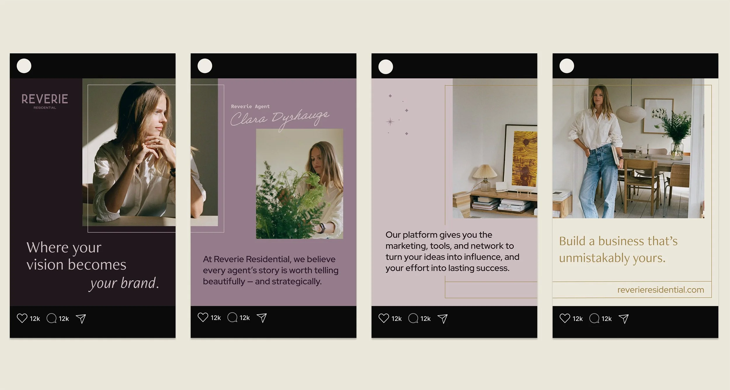Reverie Residential social media story templates featuring agent portraits, lifestyle photography, and brand messaging.
