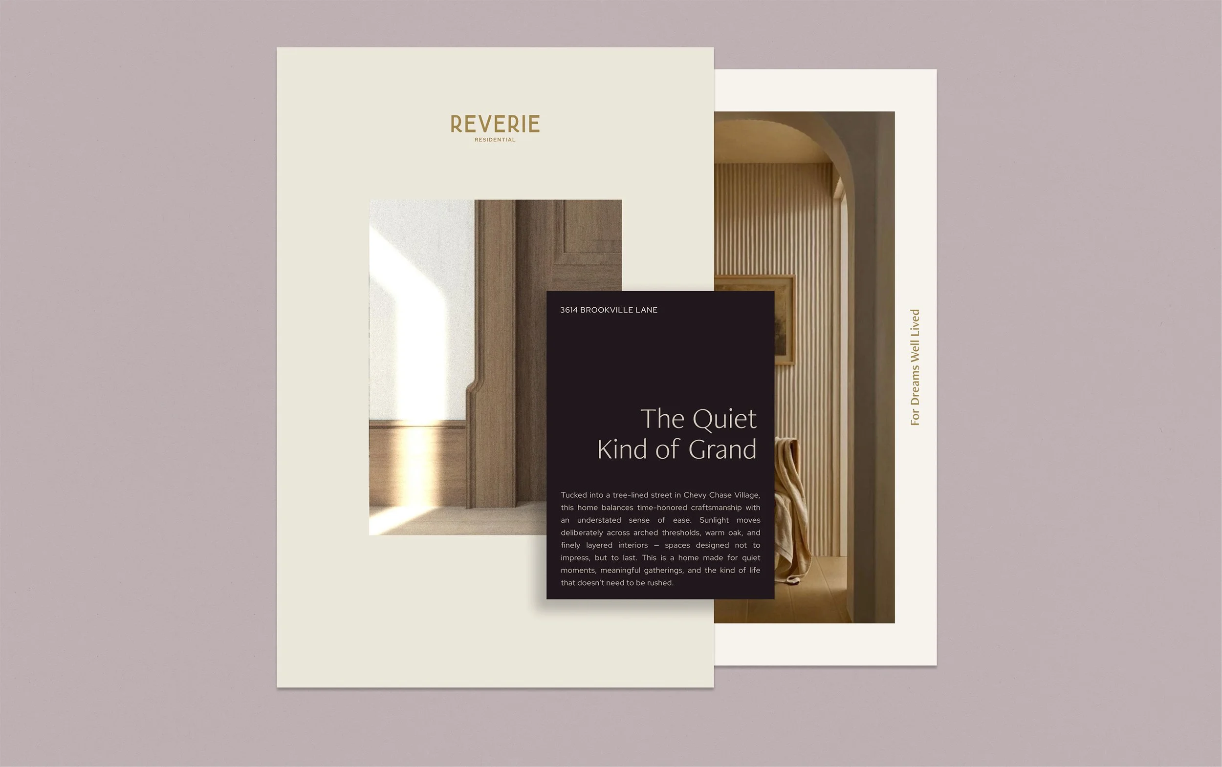 Reverie Residential marketing materials layered together, highlighting warm interiors, refined typography, and brand storytelling.