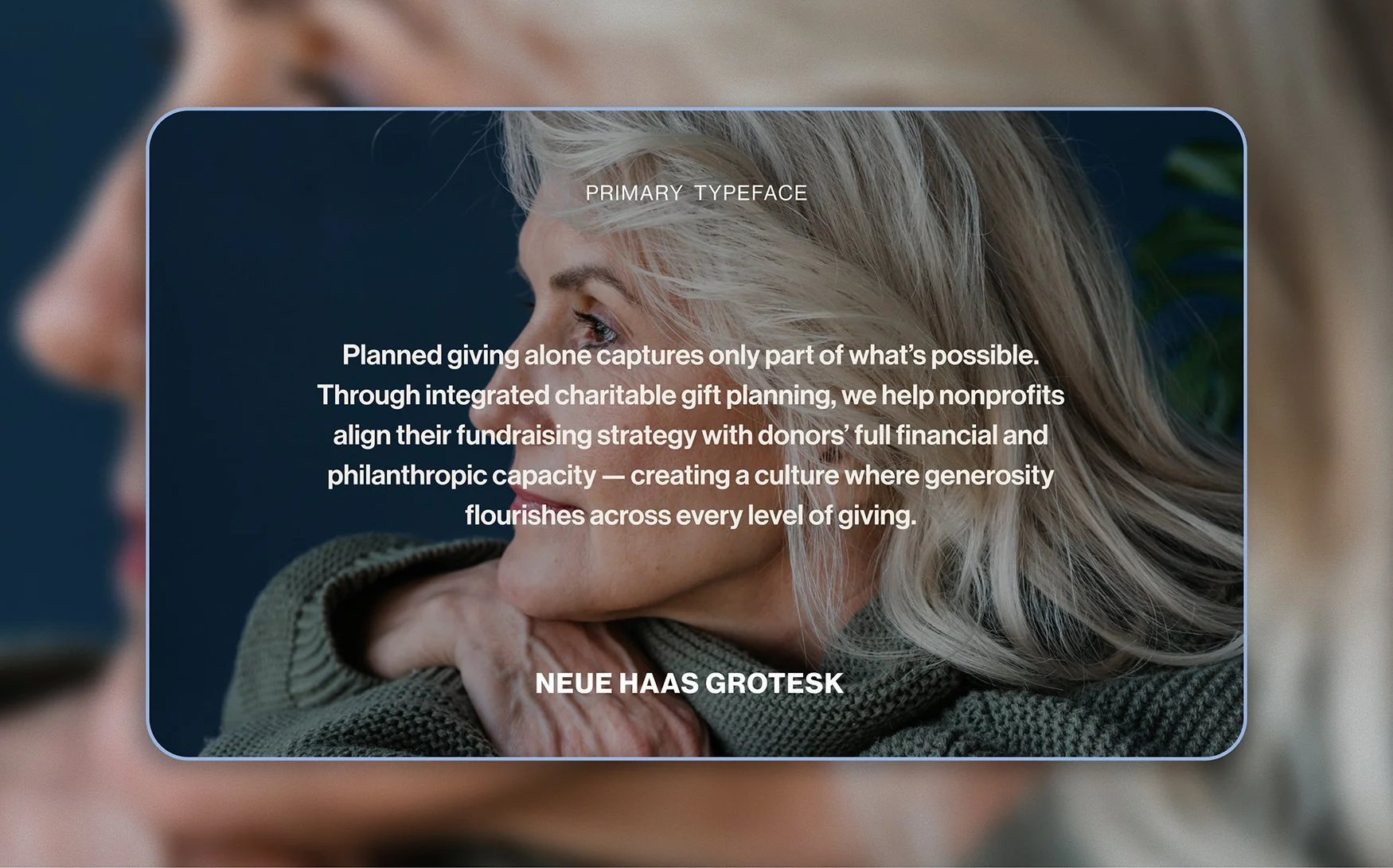 Portrait of a woman with brand messaging demonstrating the Neue Haas Grotesk primary typeface for the Heaton Smith identity.