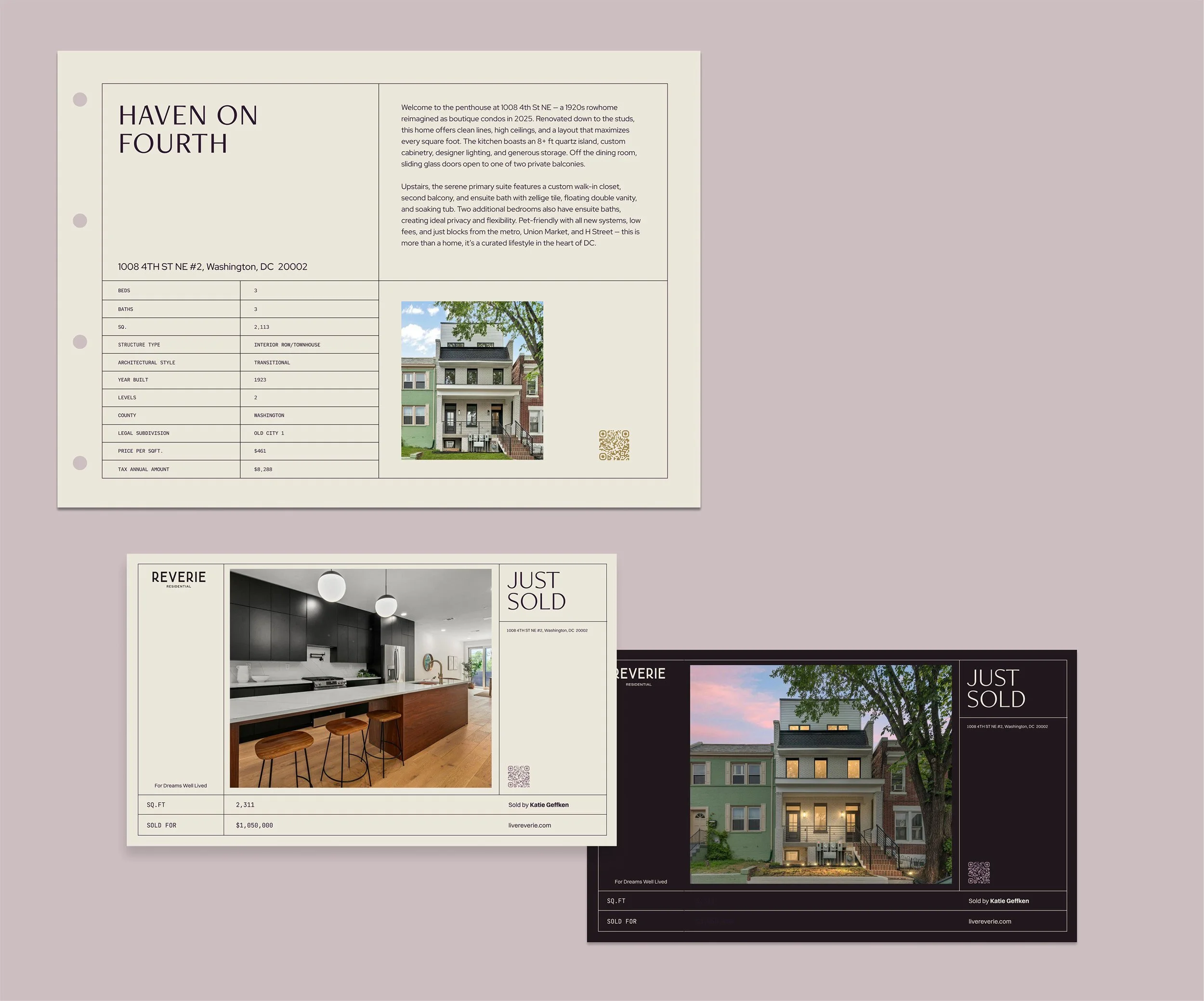 Reverie Residential property marketing collateral, including listing presentation pages and Just Sold postcards.
