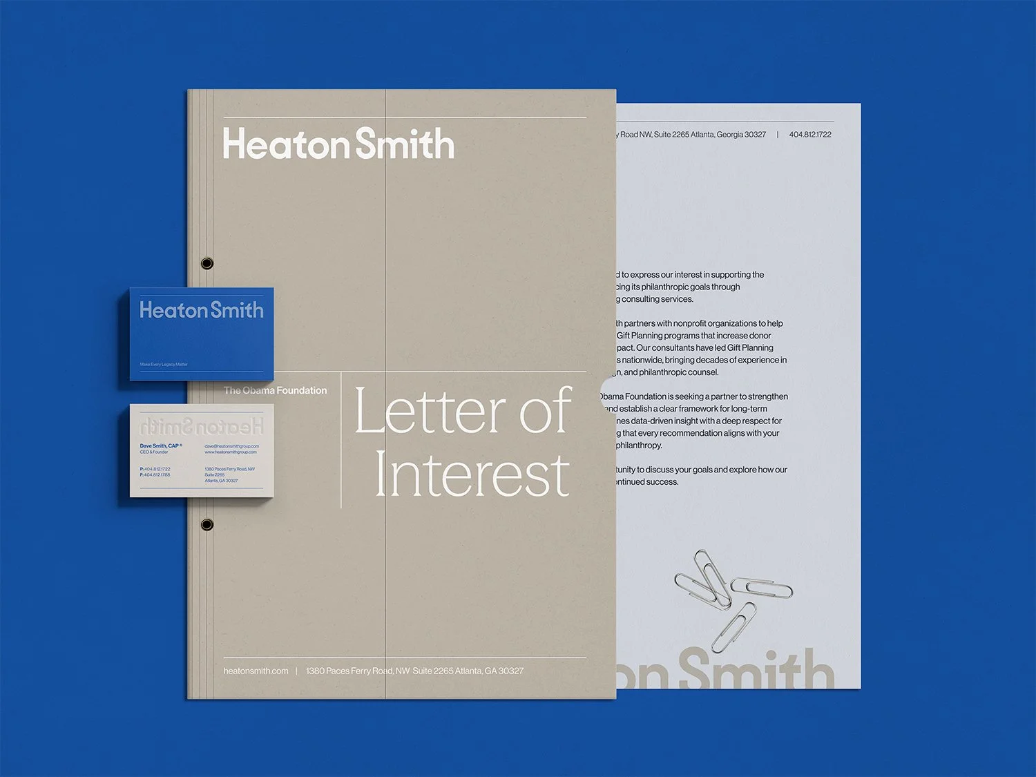 Heaton Smith branded letter of interest, stationery and business cards demonstrating the identity system.