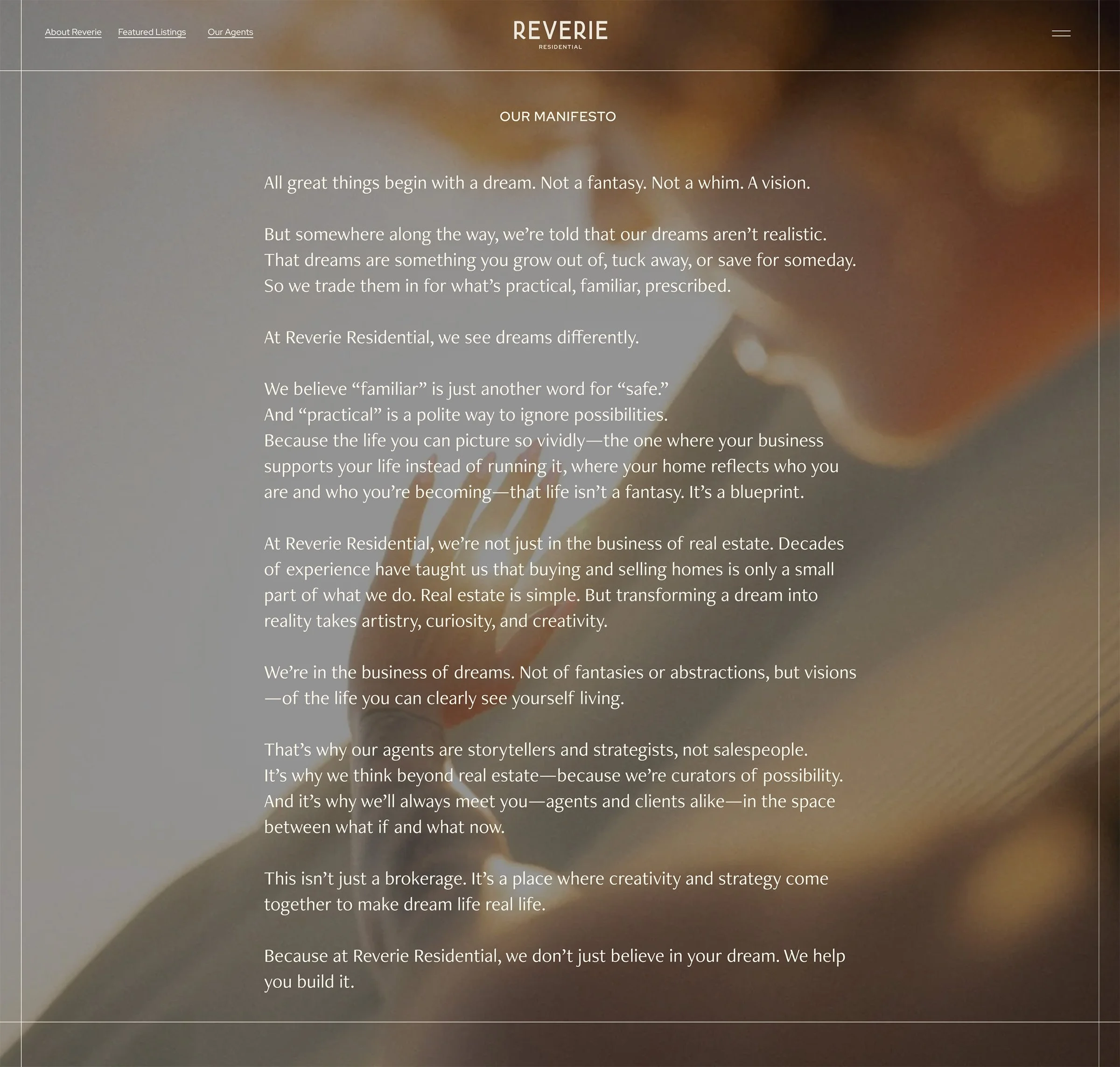 Reverie Residential website manifesto page showing full brand story and purpose over atmospheric photography.