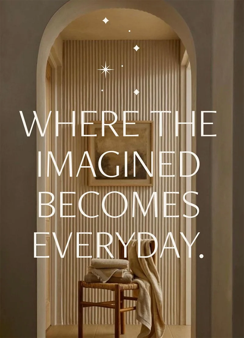 Interior vignette with soft architectural light and Reverie Residential’s tagline ‘Where the imagined becomes everyday’ overlaid.