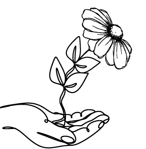 En enkel svart-hvitt tegning av en hånd som holder en blomst med flere blader.