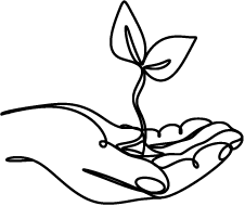 En hånd holder en liten plante med to blader.