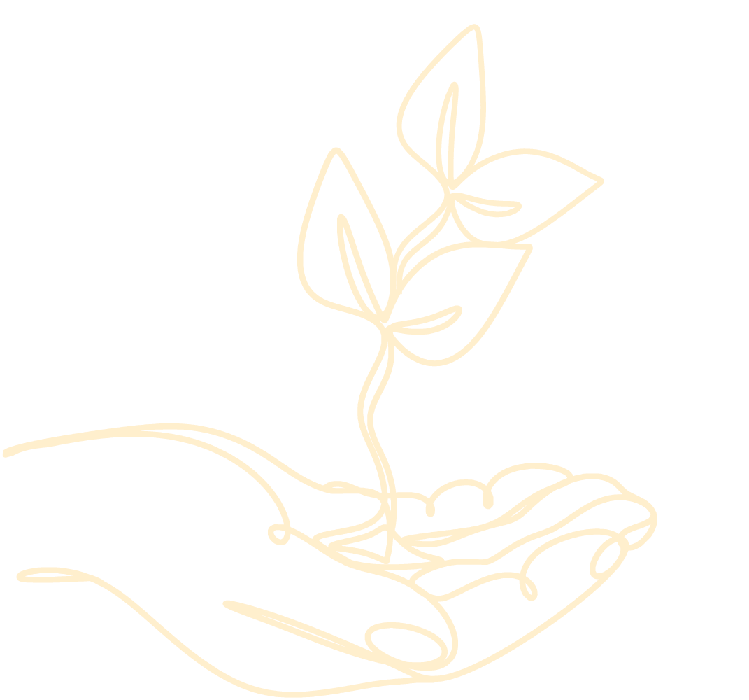 En minimalistisk tegning av en hånd som holder en liten plante med tre blader.