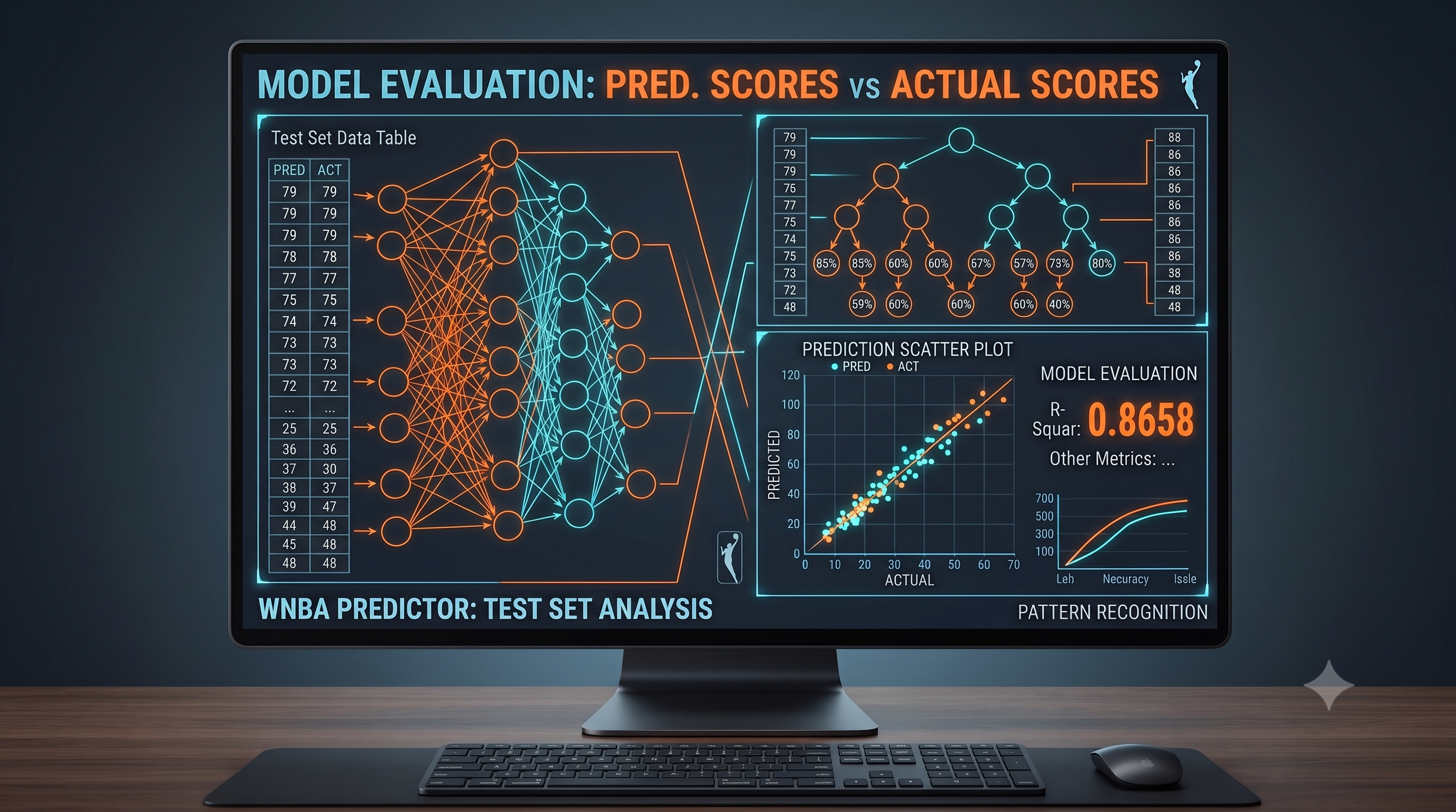 Tested on data the model had never seen — an R² of 0.87, strong evidence it learned real scoring patterns rather than memorizing the training set.