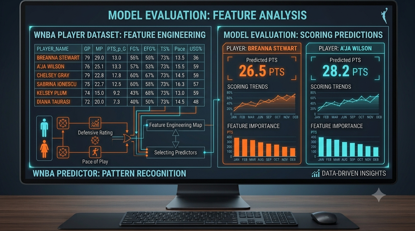 Built from nearly 3,900 player-game records — shooting efficiency, pace, usage rate — engineered into the features that actually predict scoring, not just logged for the record.