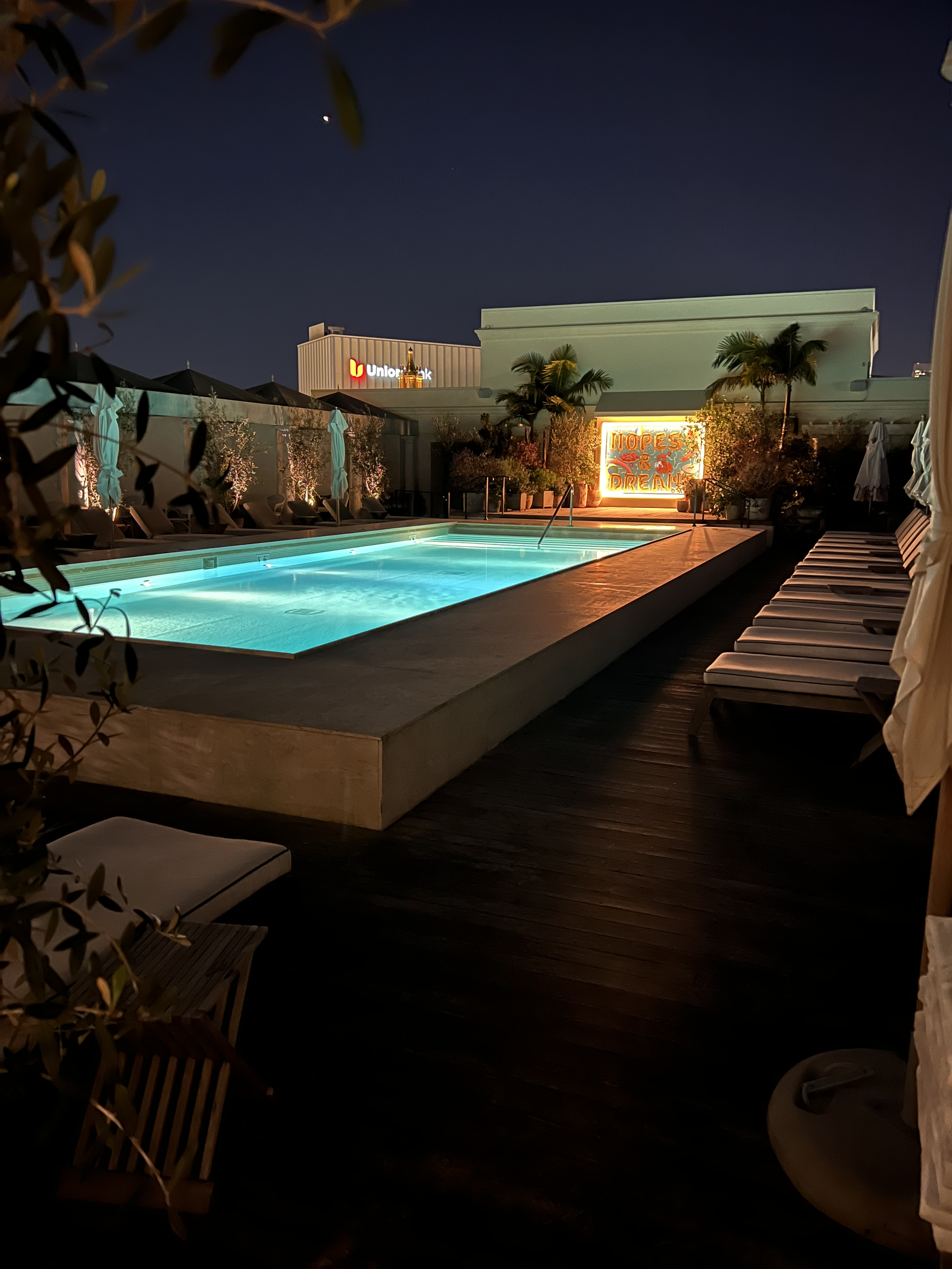 Rooftop swimming pool at night with lounge chairs, palm trees, and soft lighting. A neon sign reads 'Hopes & Dreams' on a wall in the background.