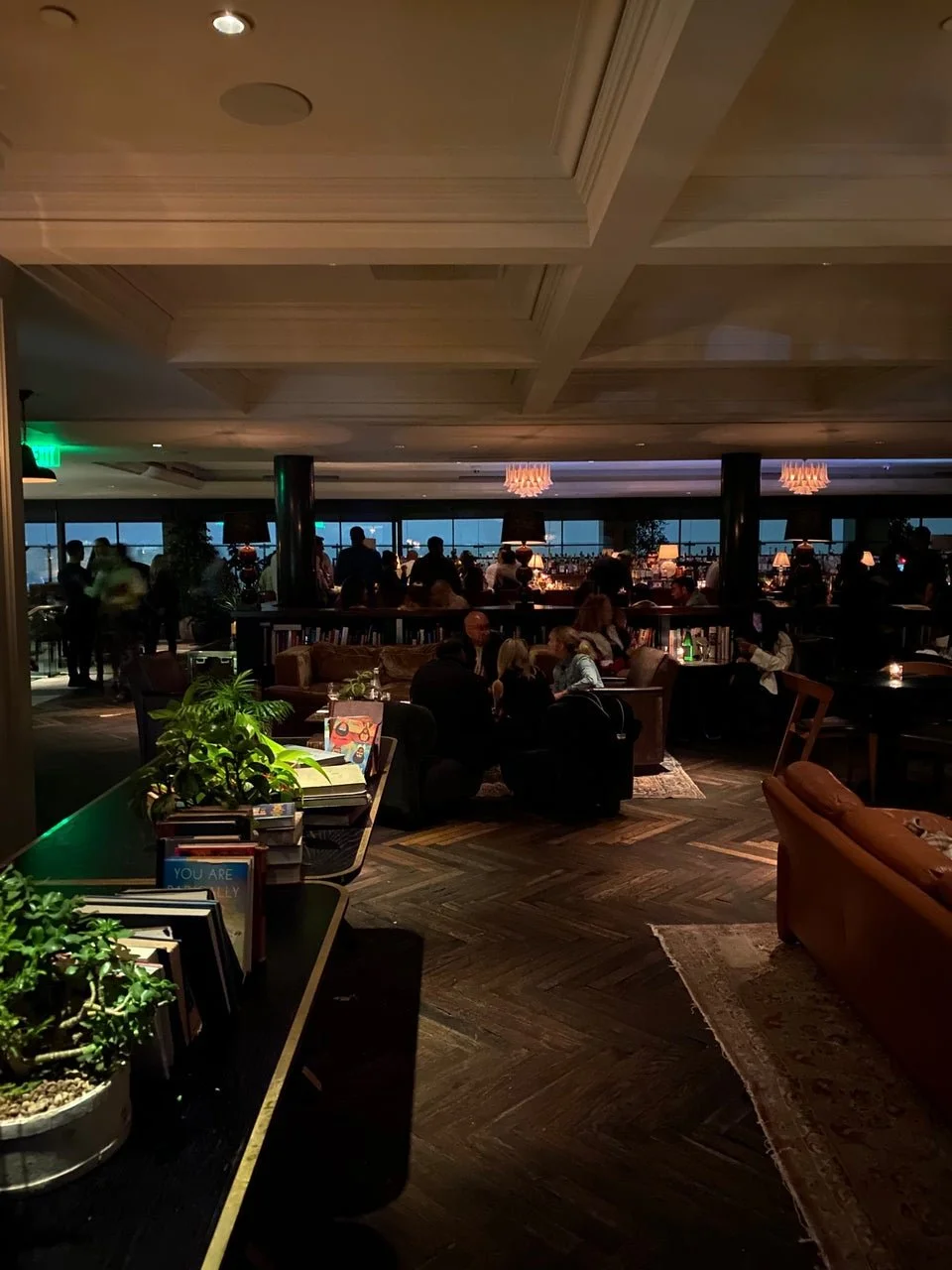 Dimly lit lounge with people socializing, indoor plants, bookshelves, and cozy seating arrangements.