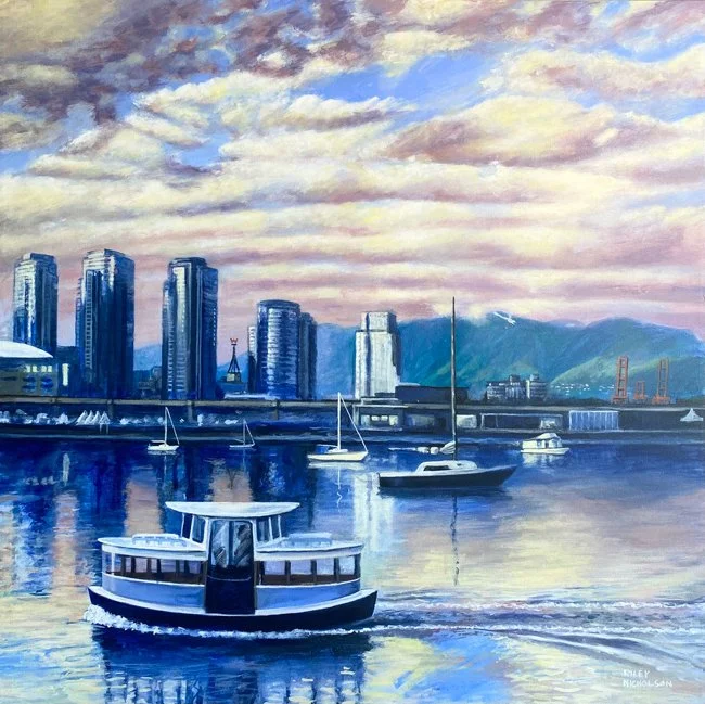 The sun begins to set on False Creek 30 x 30 in : 76 x 76 cm Acrylic on canvas