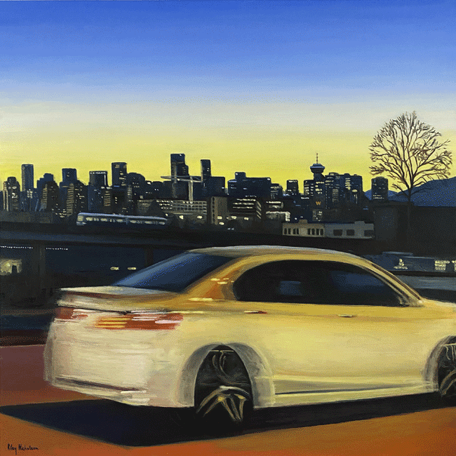 Drive past the Vancouver skyline at sunset 30 x 30 in : 76 x 76 cm Oil on canvas