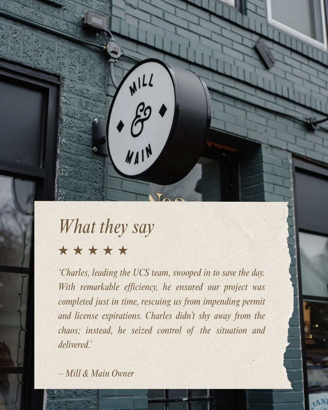 From chaos to completion. ✨ UCS was proud to help Mill &amp; Main bring their restaurant vision to life with on time, on point, and with a friendship built along the way.

Here&rsquo;s to more collaborations that blend great spaces + even better conn