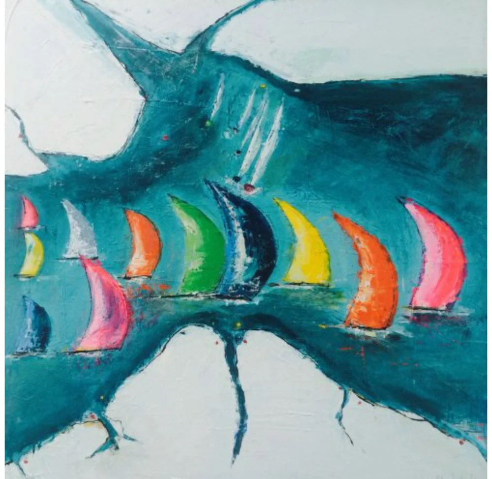 Abstract painting of colorful sailboats on water within a shark's open mouth.