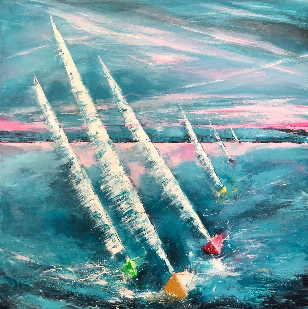 Abstract painting of sailboats racing on the water with colorful sails in pink, yellow, green, and red, against a sky with pink and blue shades.