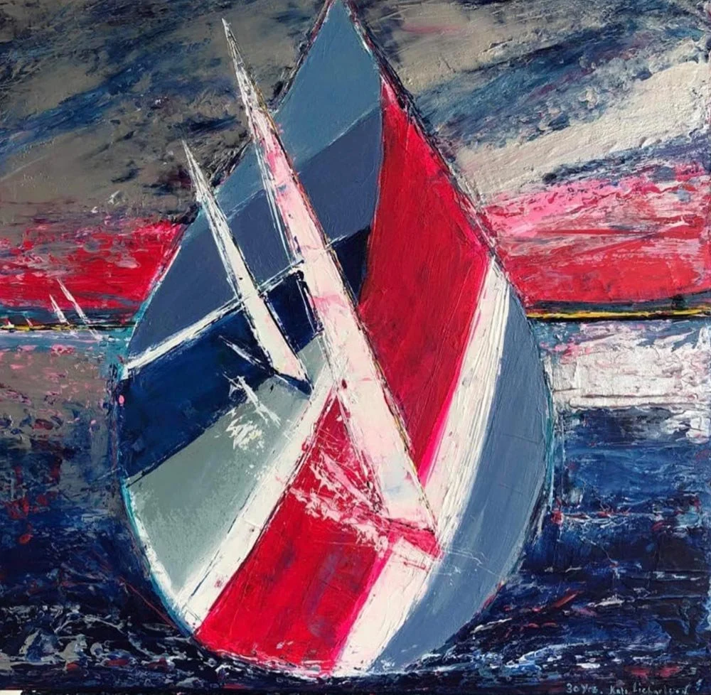 An abstract painting of a sailboat with a large red and blue sail on a body of water with a cloudy sky in the background.