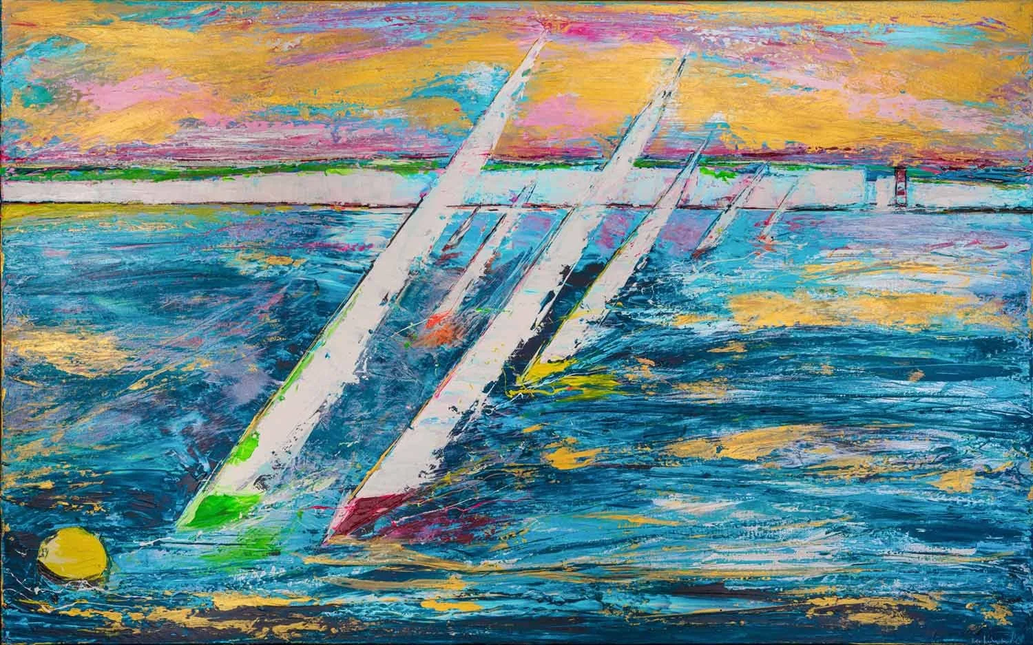 Abstract painting of sailboats on water with a pink, yellow, and blue sky in the background.