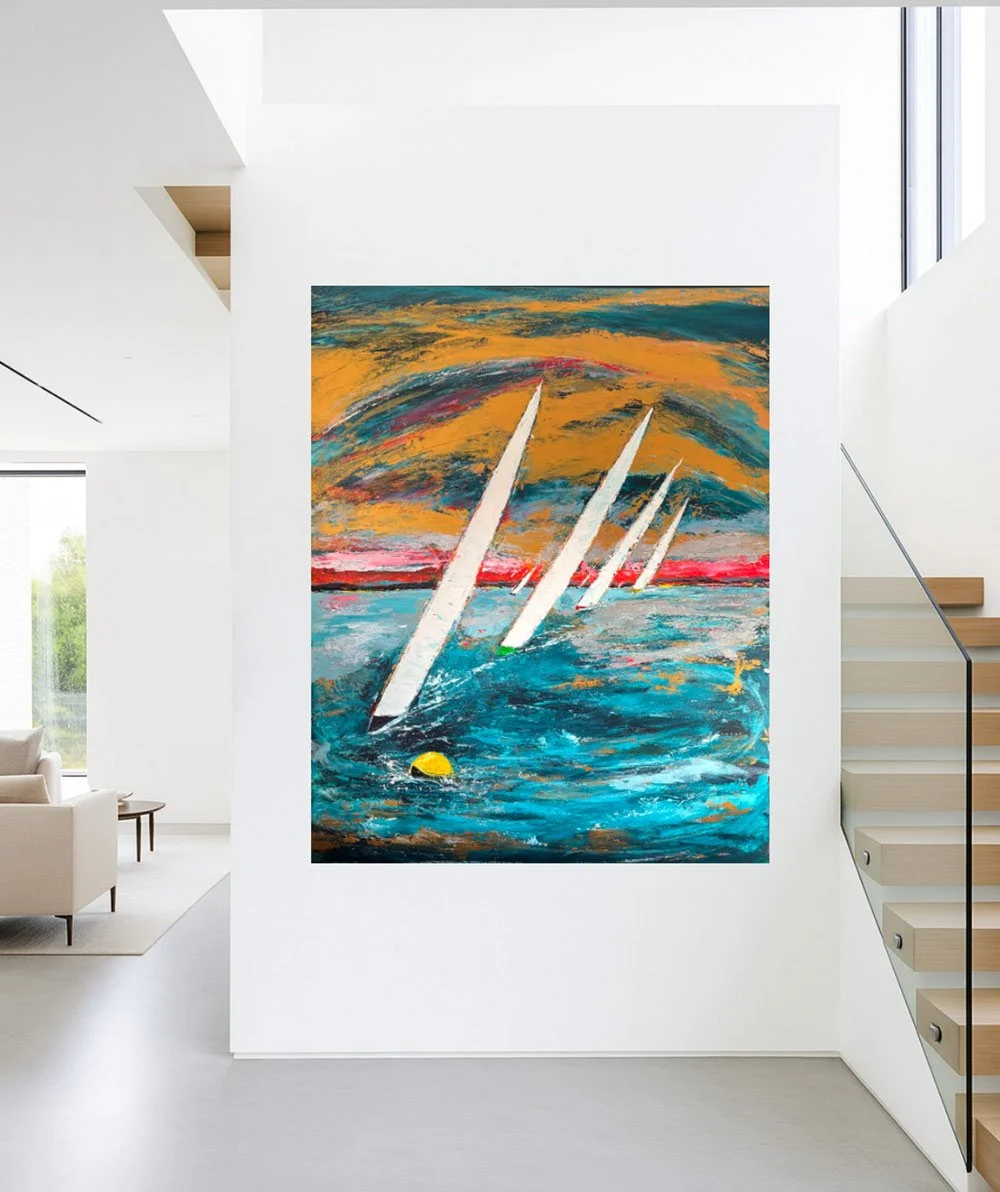 Abstract painting of sailboats on water at sunset with vivid colors in a modern, bright interior