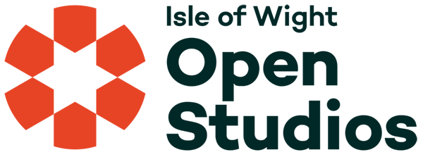 Logo for Isle of Wight Open Studios featuring an orange geometric flower shape and dark teal text.