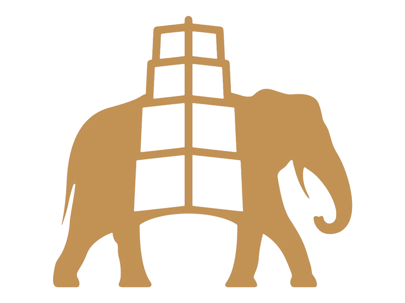 A stylized gold-colored elephant with a tower or building structure integrated into its back, set against a black background.