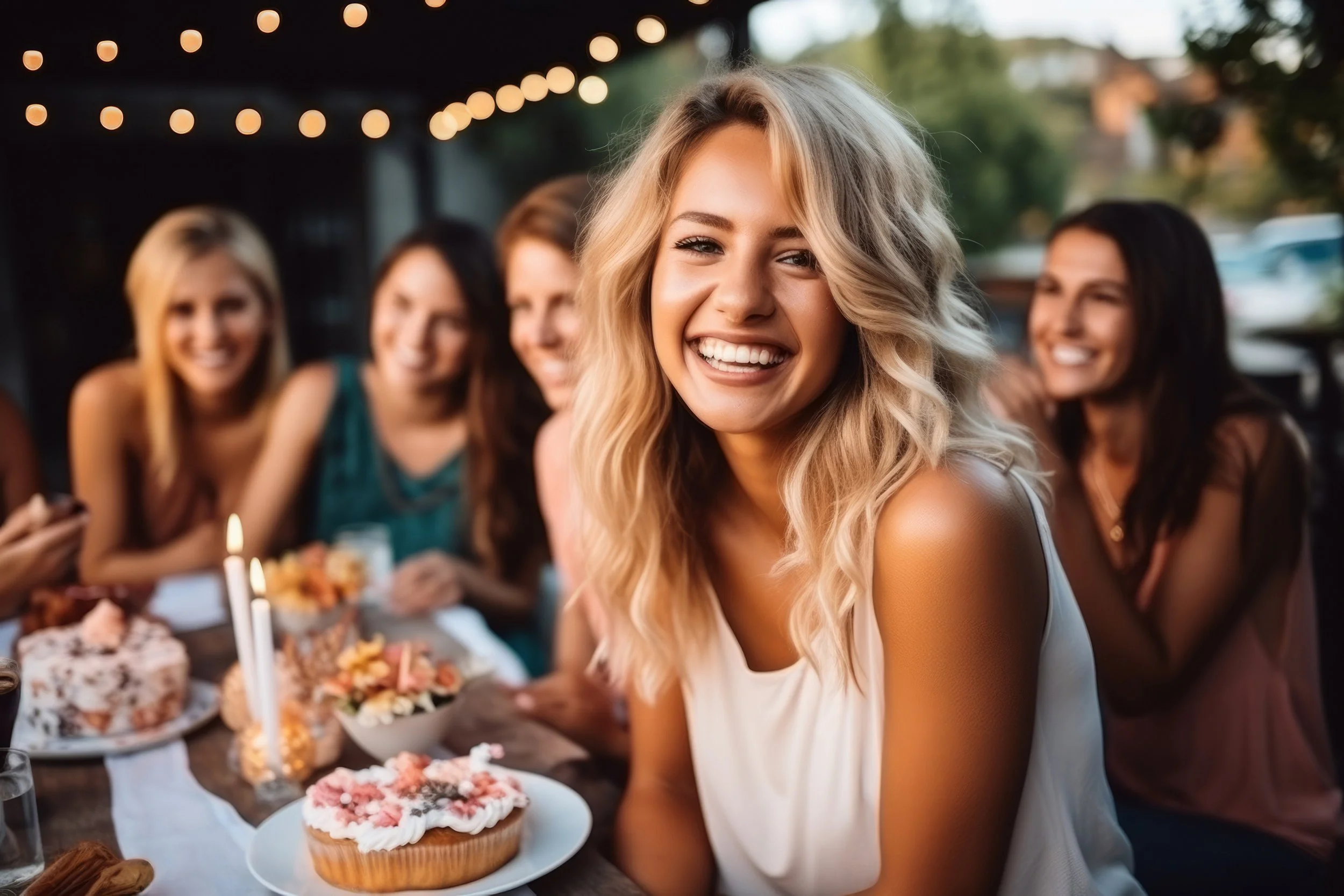 Blonde girl sitting at table with cake on a plate