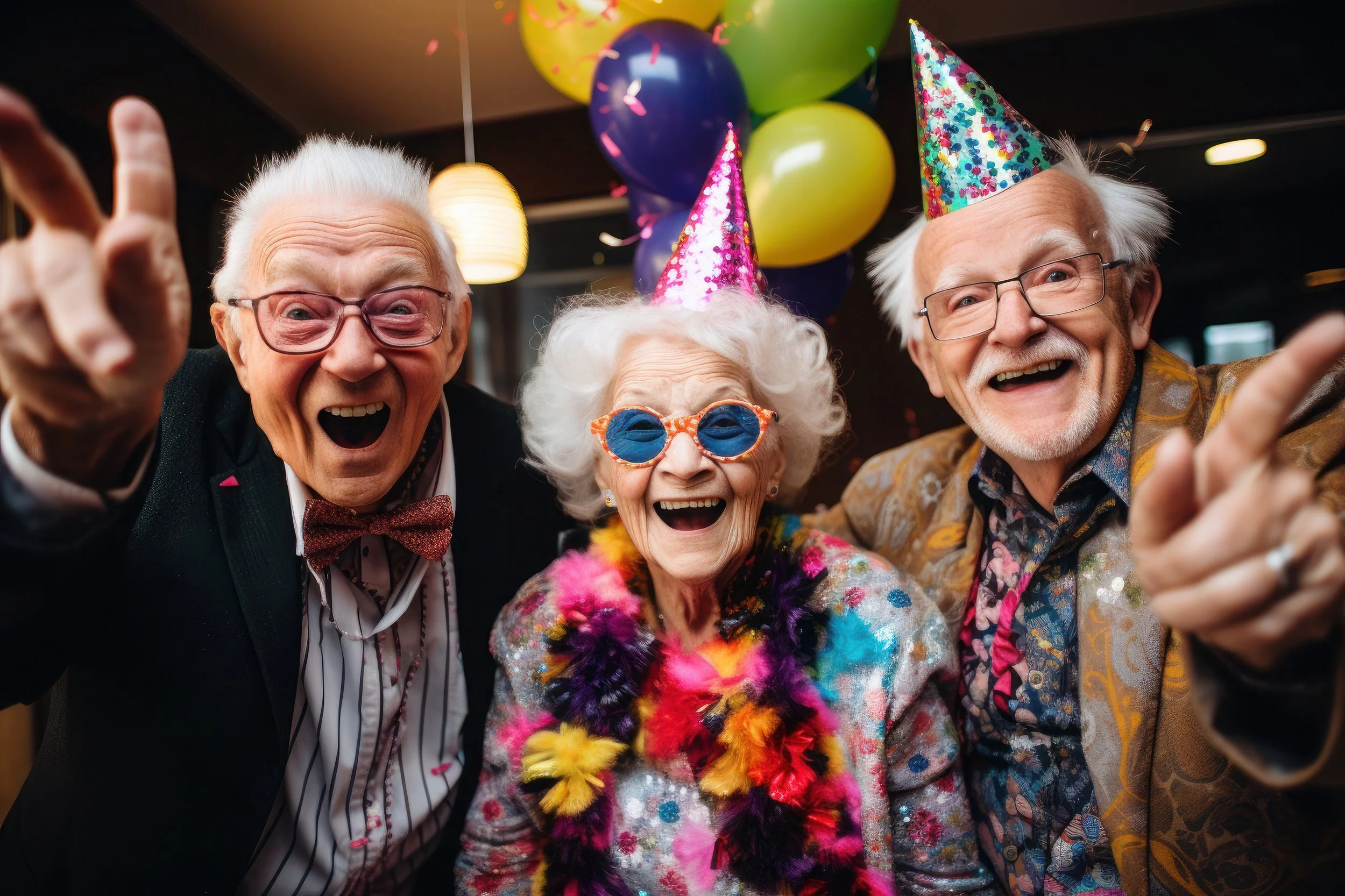 Three elderly people smiling and  wearing party hats with balloons in the background