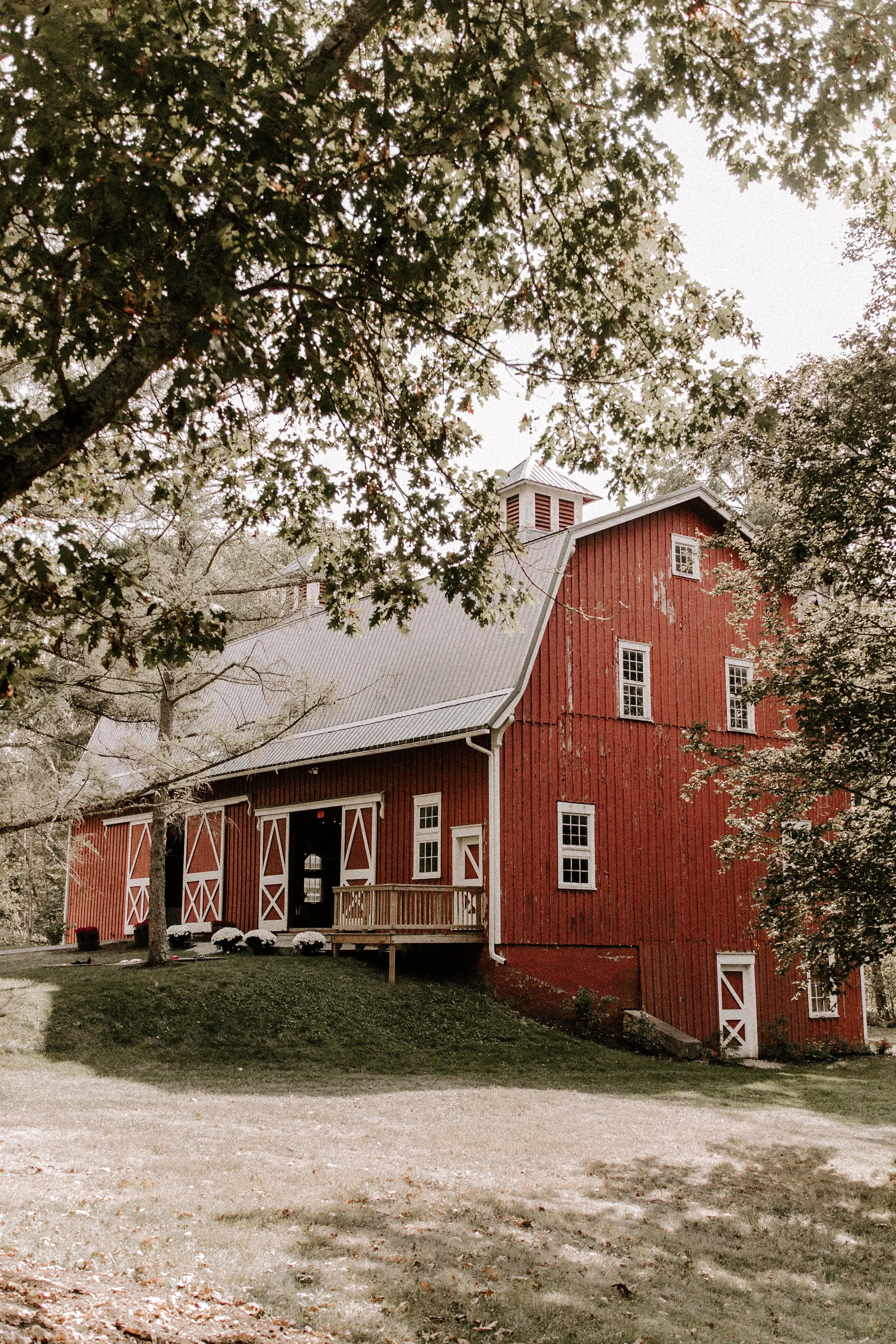 A red barn with white trim, nestled among trees with green leaves, on a grassy lawn.