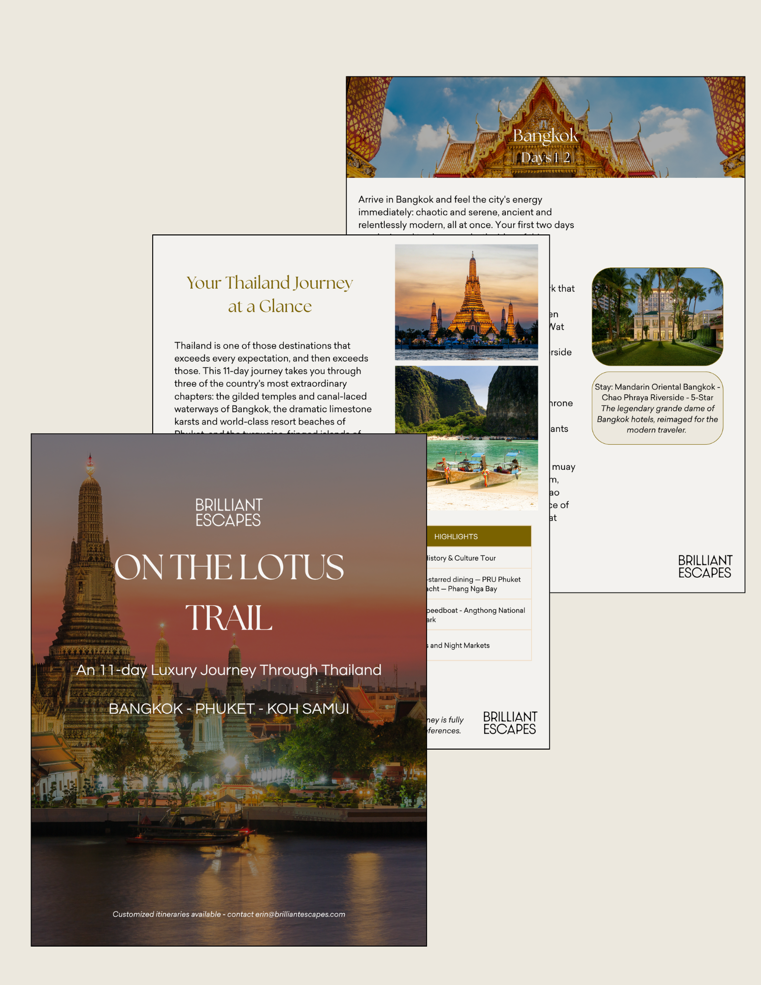 Promotional brochure for an 11-day luxury journey through Thailand, featuring images of Bangkok, Phuket, and Koh Samui, with descriptions of cultural sites and resort accommodations.