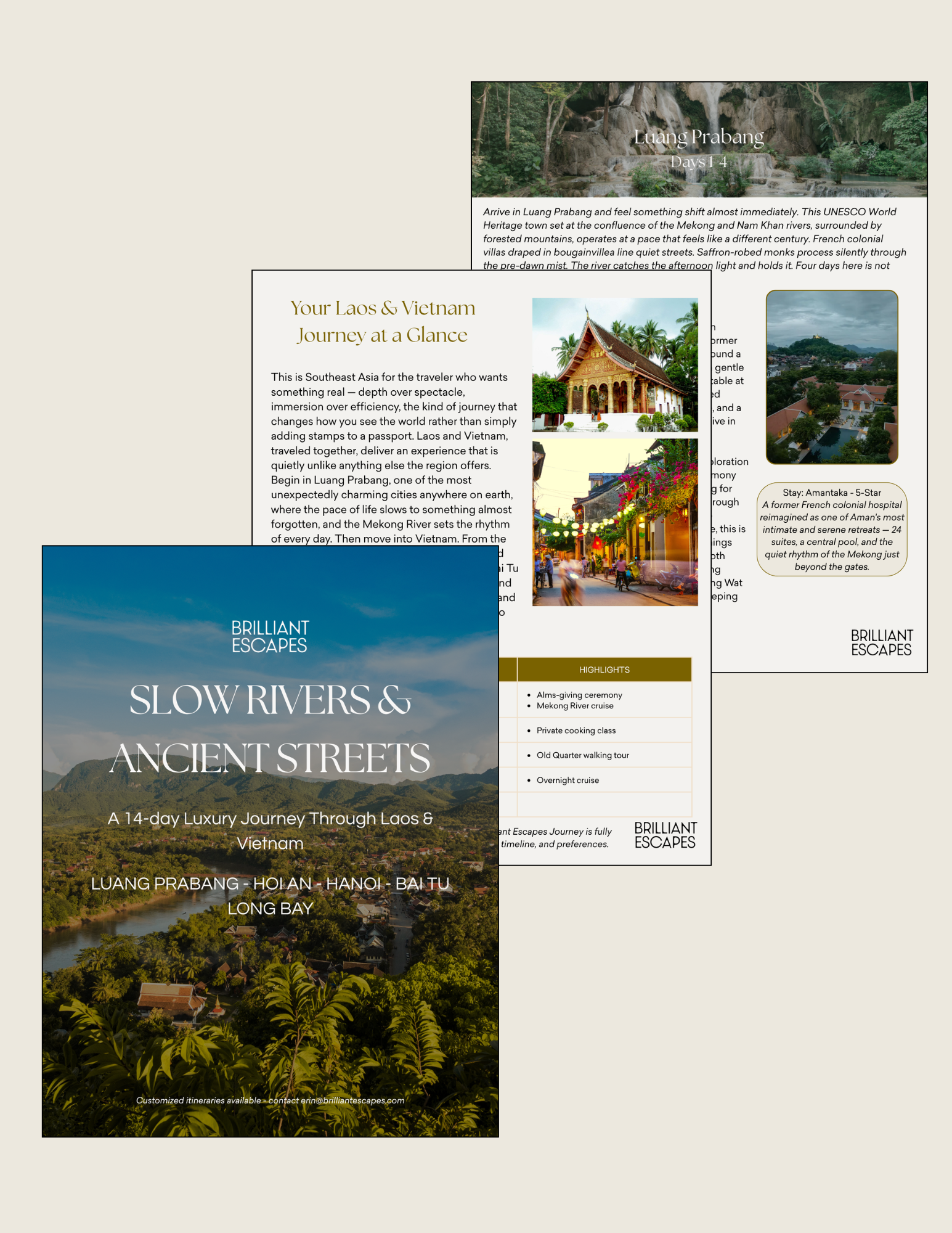 Brochure images promoting travel to Laos and Vietnam, featuring pictures of landscapes, temples, and city streets, with text highlighting a 14-day luxury journey through Luang Prabang, Hanoi, and other destinations.