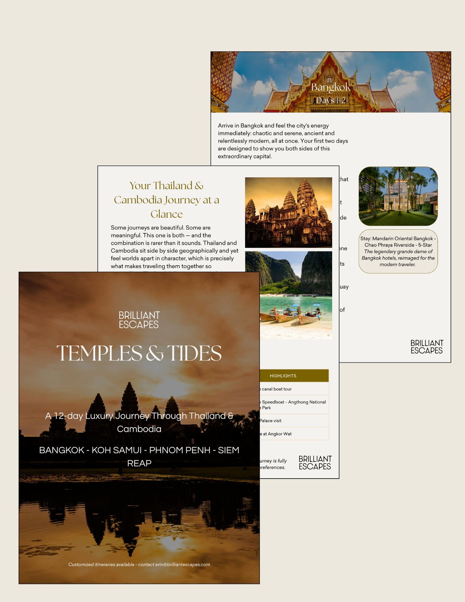 Flyer for a 12-day luxury tour of Thailand and Cambodia, including Bangkok, Koh Samui, Phnom Penh, and Siem Reap. Features images of temples and natural scenery.